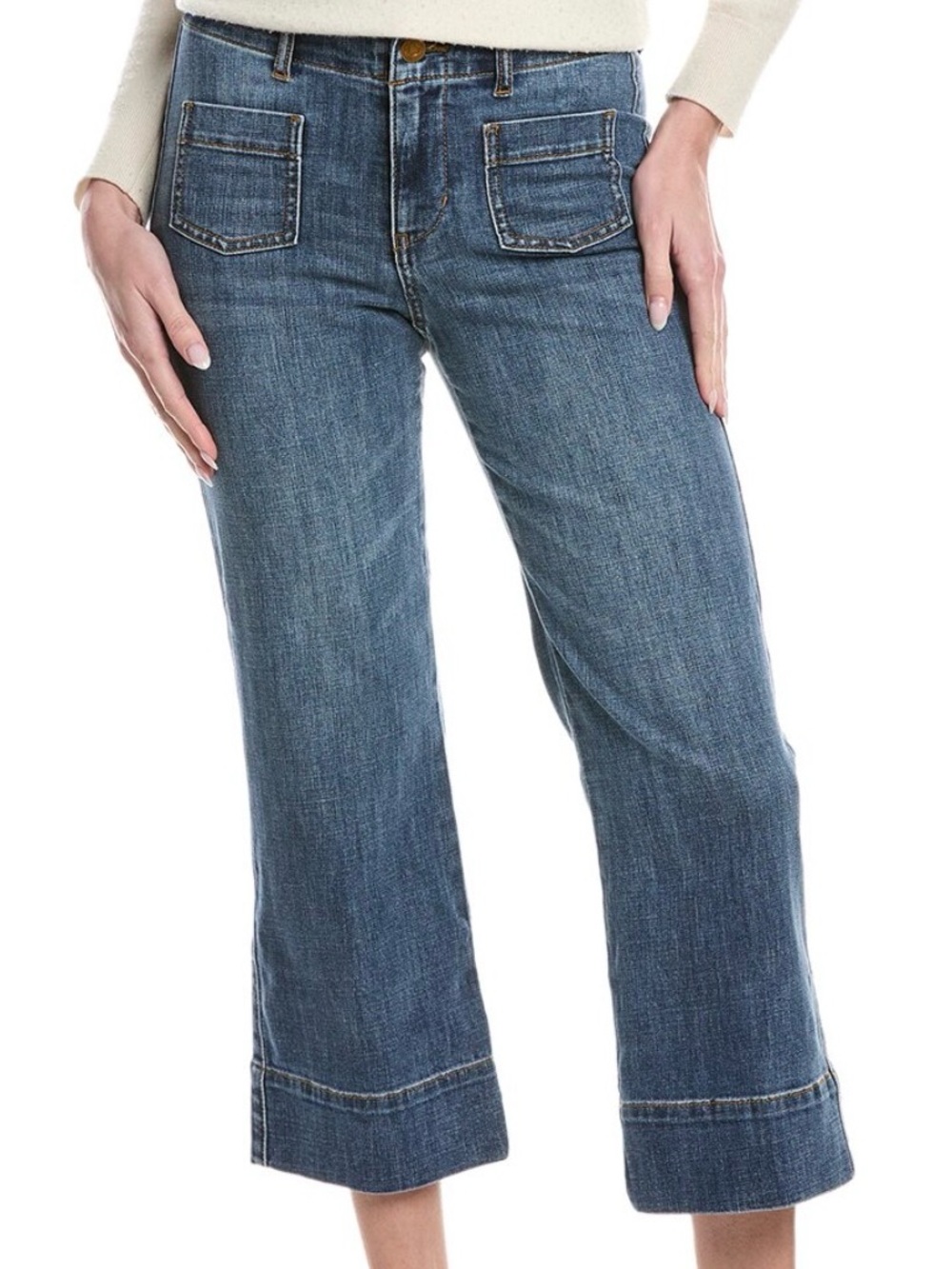 CAbi Medium Blue Cropped Wide-Leg Jeans with Cuffs